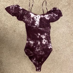 maroon and white tie dye ruffled off shoulder fitted body suit